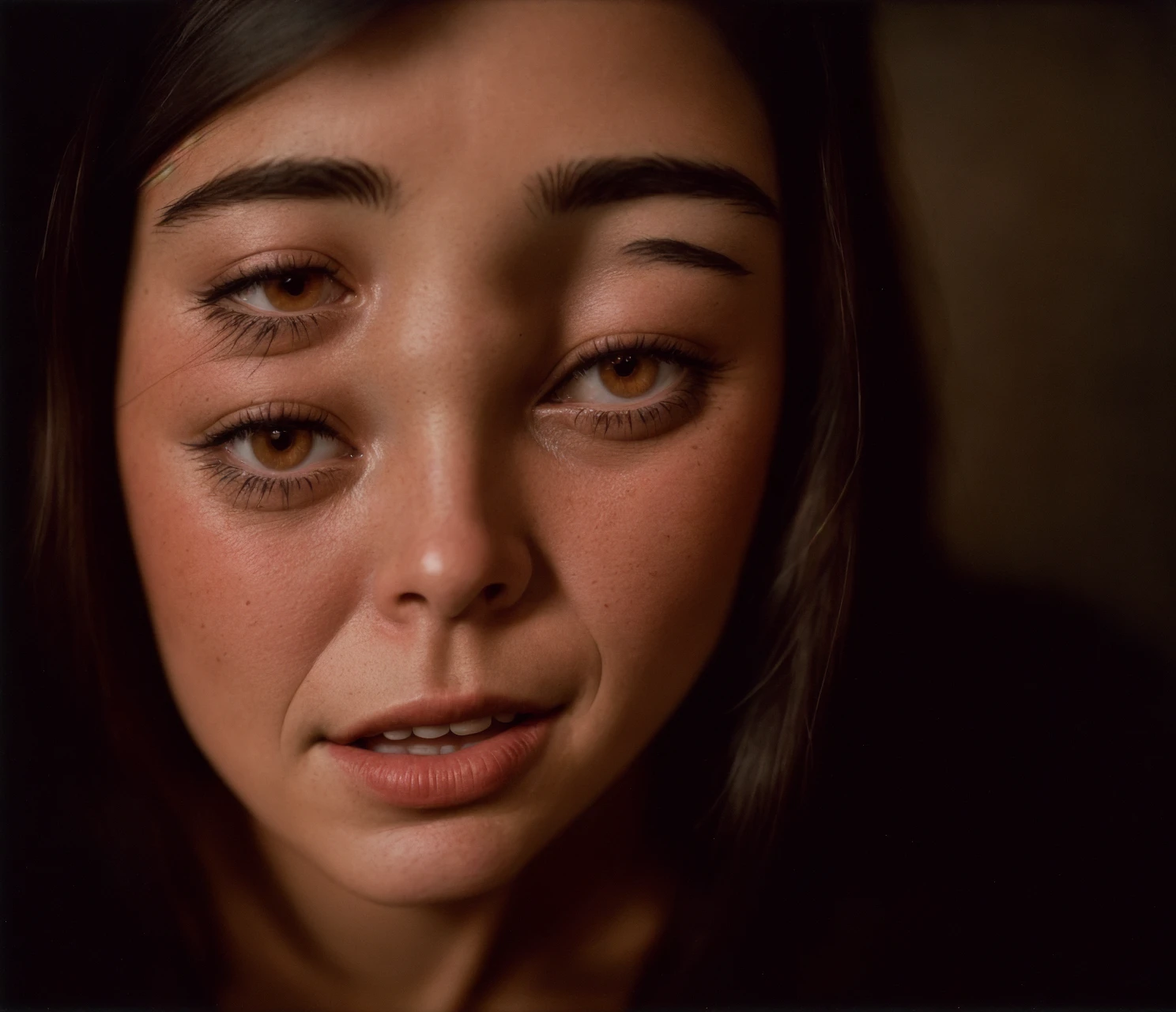 (close-up, editorial photograph of a 20 yo woman from the 1940's), (highly detailed face:1.4) (smile:0.7) (background inside dark, moody, private study:1.3) POV, by lee jeffries, nikon d850, film stock photograph ,4 kodak portra 400 ,camera f1.6 lens ,rich colors ,hyper realistic ,lifelike texture, dramatic lighting , cinestill 800,