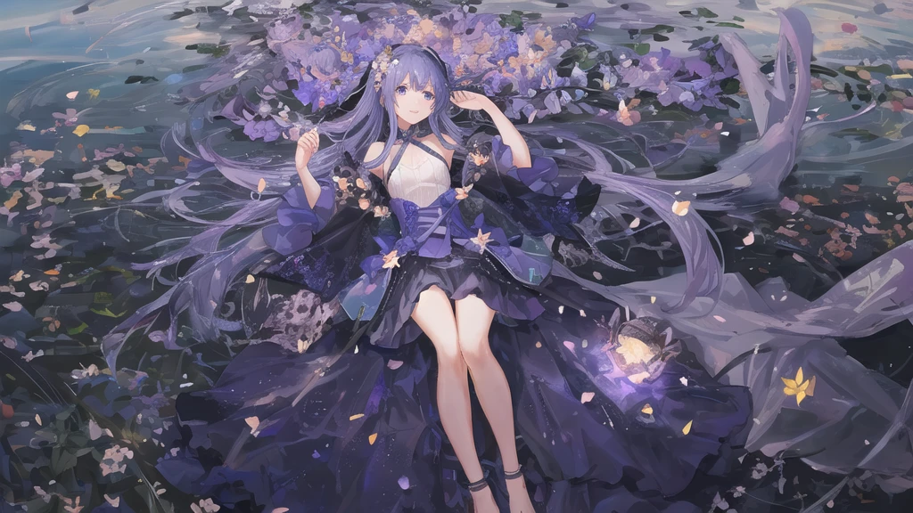 One Woman lying down in a Flower Field, A beautiful Night Sky illuminates the Lake in the middle of the Field,
The Background is filled with Fireflies dancing in the Moonlight, a small smile adornes her face,
her big blue reflective eyes light up in excitement as small shooting stars fall down over the far horizon,
Long Purple Hair with glowing blue strands going down, Fantasy Flower grow around her body, A long flowery Dress adornes her Body,