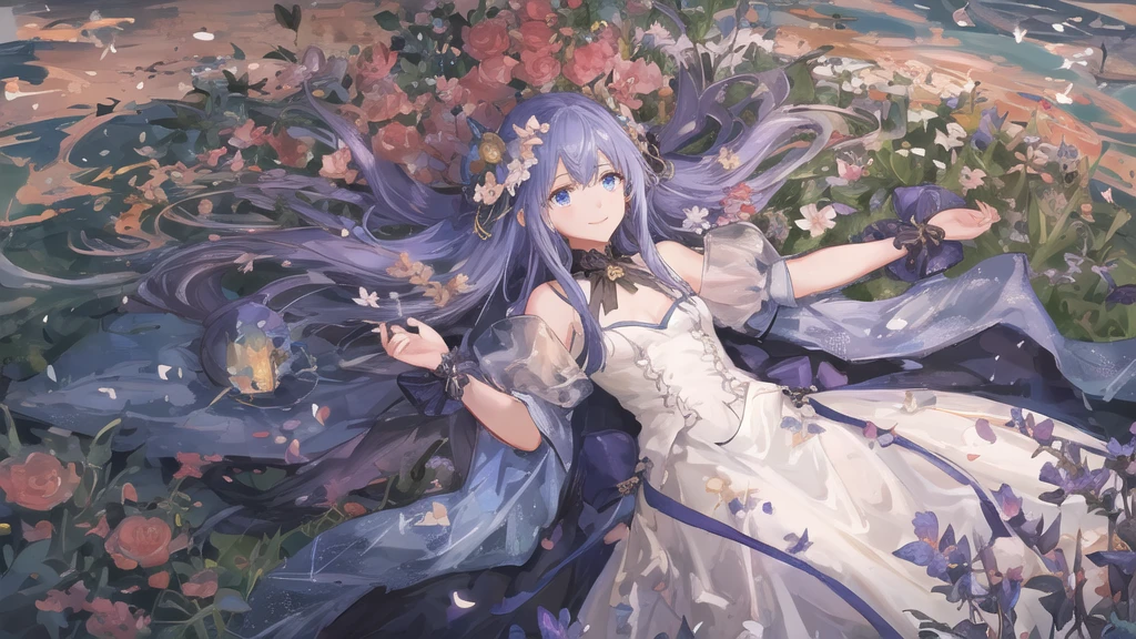 One Woman lying down in a Flower Field, A beautiful Night Sky illuminates the Lake in the middle of the Field, 
The Background is filled with Fireflies dancing in the Moonlight, a small smile adornes her face,
 her big blue reflective eyes light up in excitement as small shooting stars fall down over the far horizon, 
 Long Purple Hair with glowing blue strands going down, Fantasy Flower grow around her body, A long flowery Dress adornes her Body,