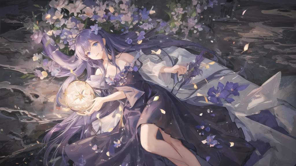 One Woman lying down in a Flower Field, A beautiful Night Sky illuminates the Lake in the middle of the Field,
The Background is filled with Fireflies dancing in the Moonlight, a small smile adornes her face,
her big blue reflective eyes light up in excitement as small shooting stars fall down over the far horizon,
Long Purple Hair with glowing blue strands going down, Fantasy Flower grow around her body, A long flowery Dress adornes her Body,