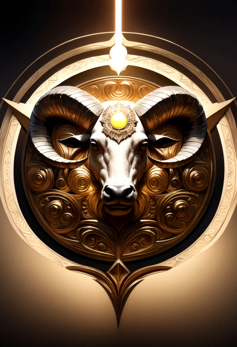 A detailed, high-quality logo of a ram inside of a sun, (best quality,4k,8k,highres,masterpiece:1.2),ultra-detailed,(realistic,photorealistic,photo-realistic:1.37),intricate design,heraldic emblem,ornate sun symbol,golden rays,majestic ram,detailed horns,dynamic composition,symmetrical balance,metallic texture,ornamental flourishes,glowing light effects,complex patterns,vibrant colors,dramatic lighting,premium quality