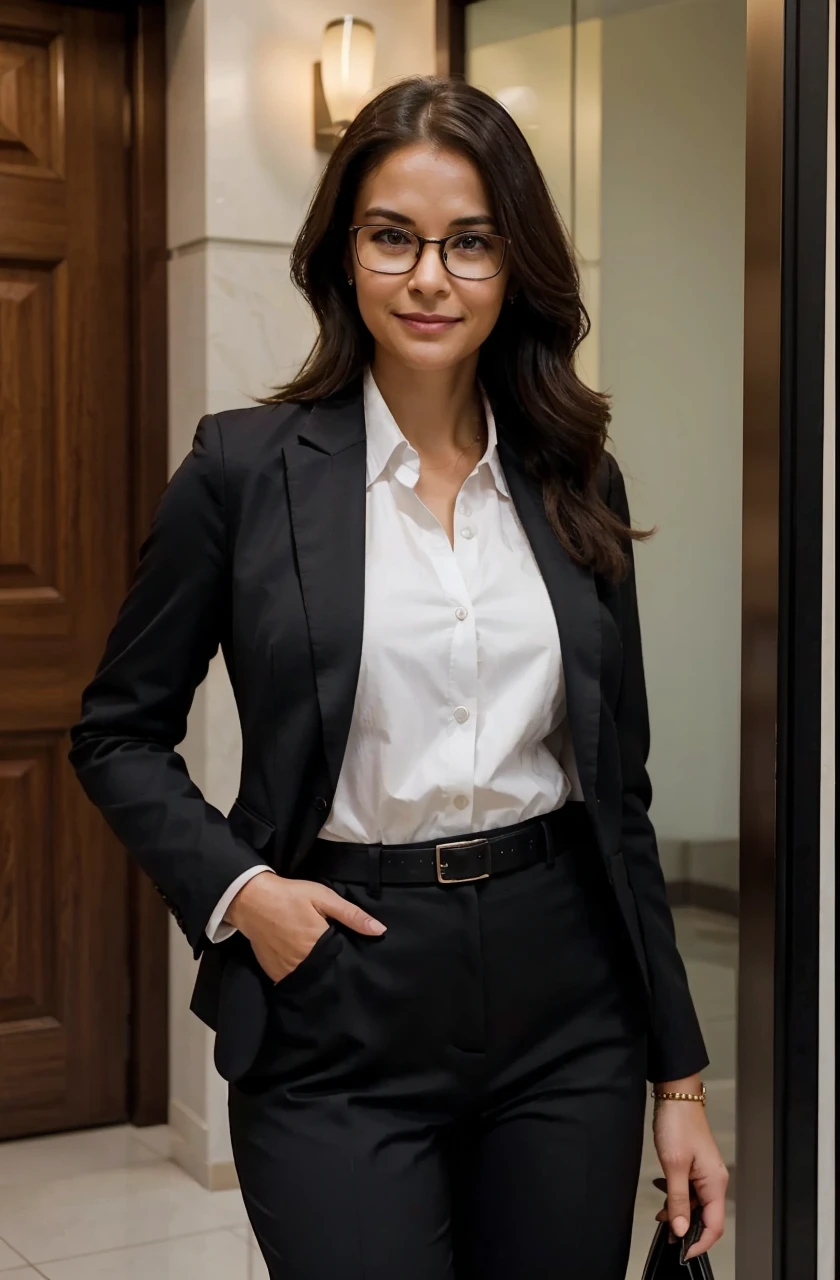 RAW photo, face portrait photo of beautiful 36 y.o woman with glasses, standing in the lobby of a hotel, cute face, wearing corporate dress, happy face, hard shadows, cinematic shot, dramatic lighting