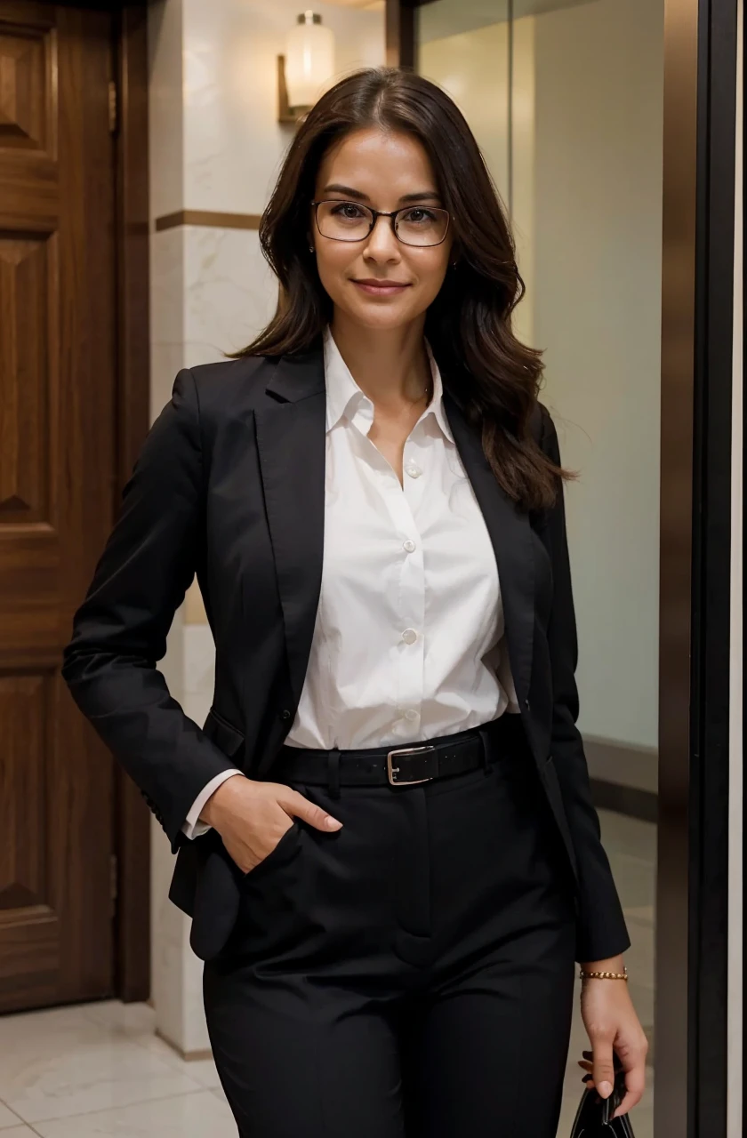 RAW photo, face portrait photo of beautiful 36 y.o woman with glasses, standing in the lobby of a hotel, cute face, wearing corporate dress, happy face, hard shadows, cinematic shot, dramatic lighting
