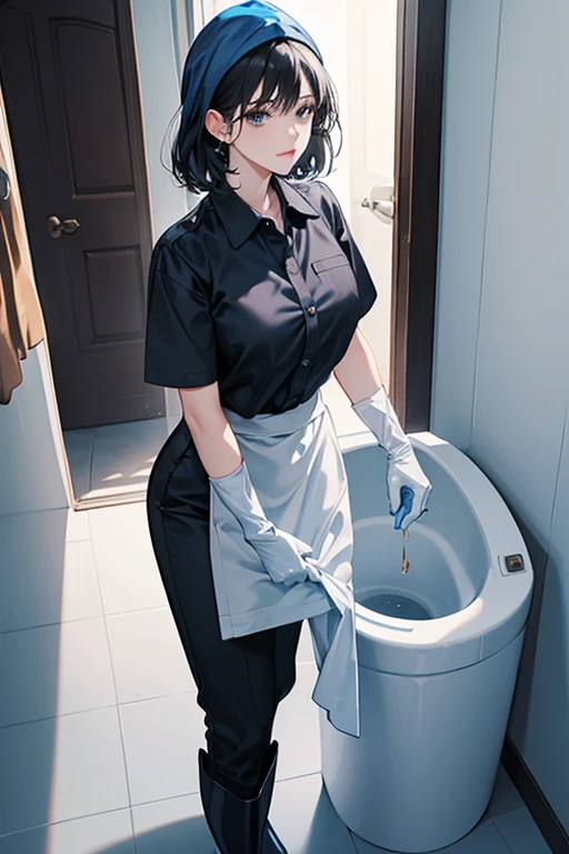 A black-haired mature woman wearing large white rubber gloves and black rubber boots, a blue short-sleeved shirt and blue slacks with a white cloth on her head, cleaning a dirty toilet