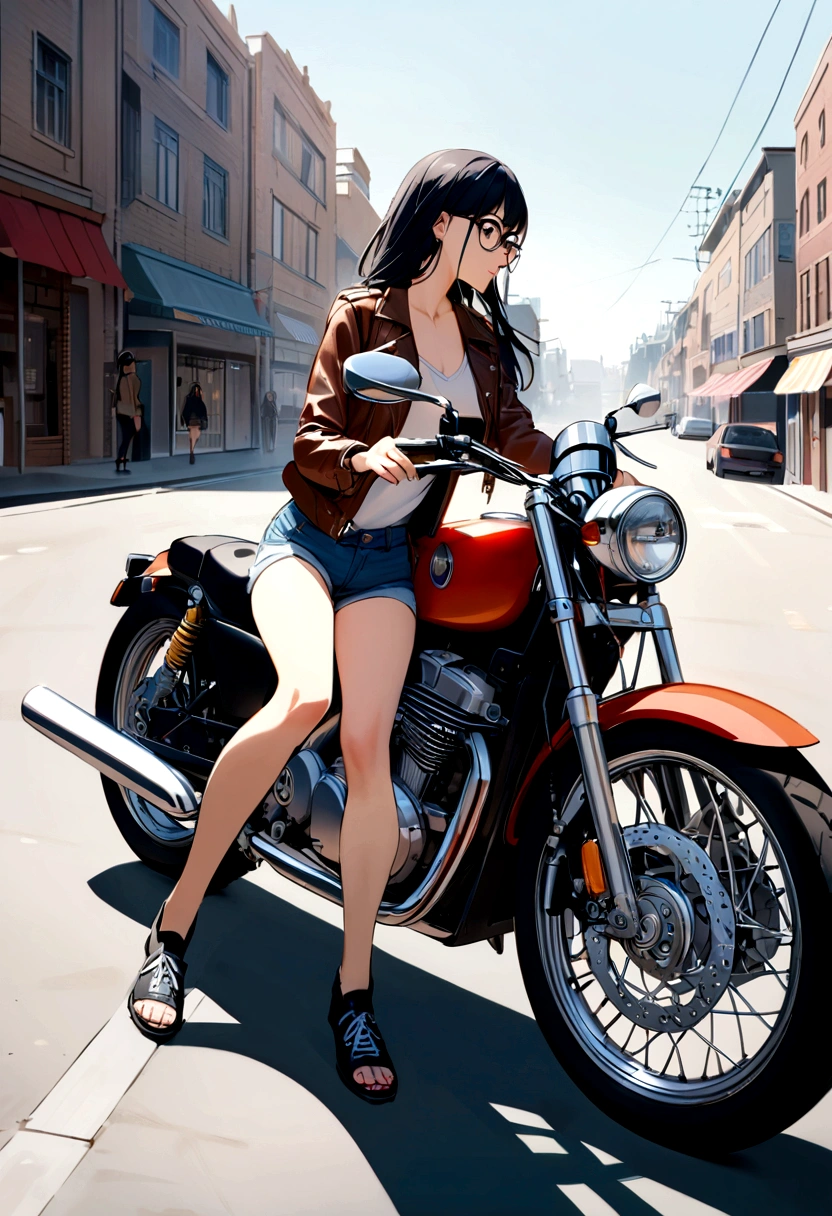 Make me a picture with a girl with long blue and black hair, Brown eyes, and jacket taken with glasses r bottoms, he has jean shorts, near a motorcycle