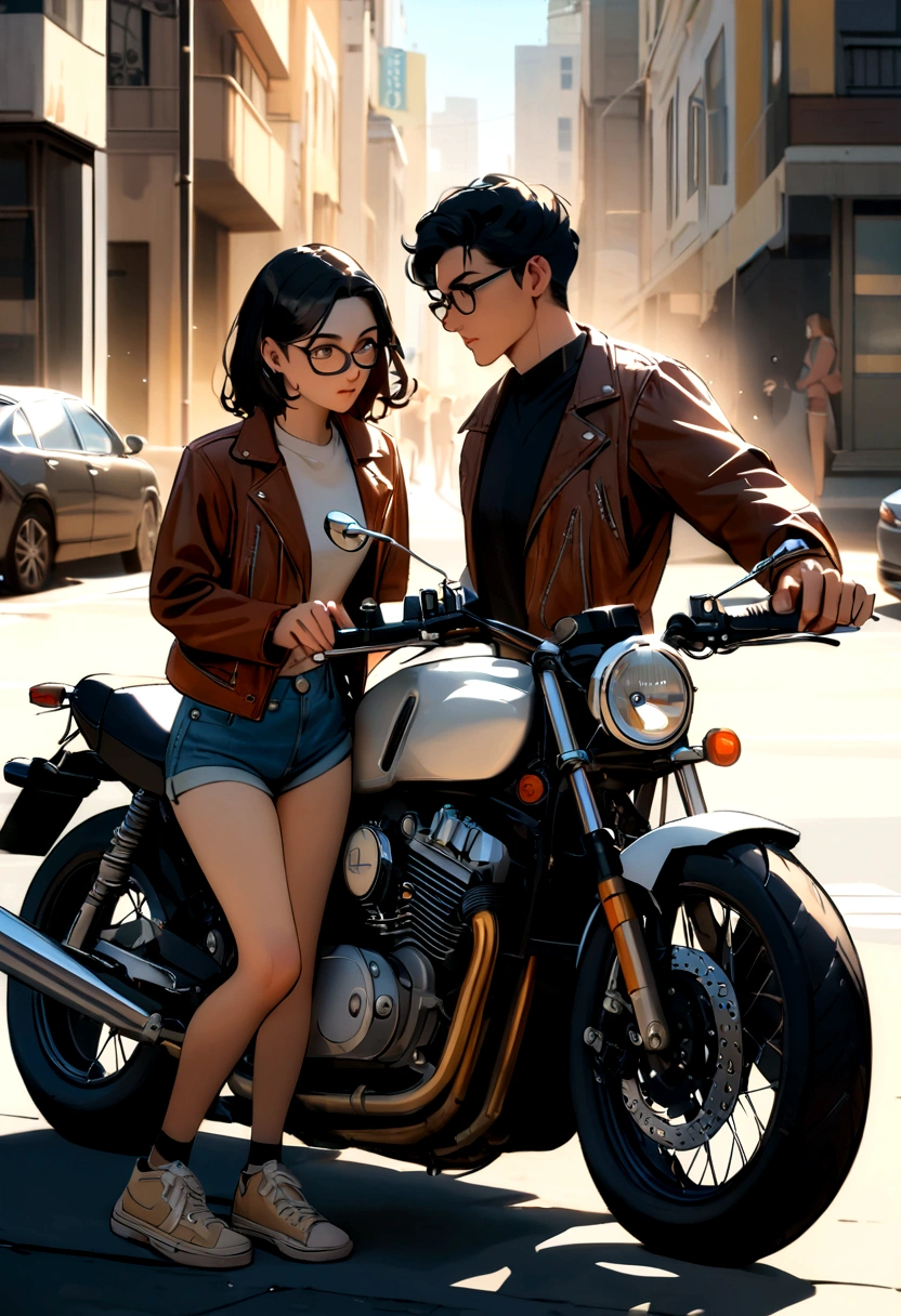 Make me a picture with a girl with long blue and black hair, Brown eyes, and jacket taken with glasses r bottoms, he has jean shorts, near a motorcycle