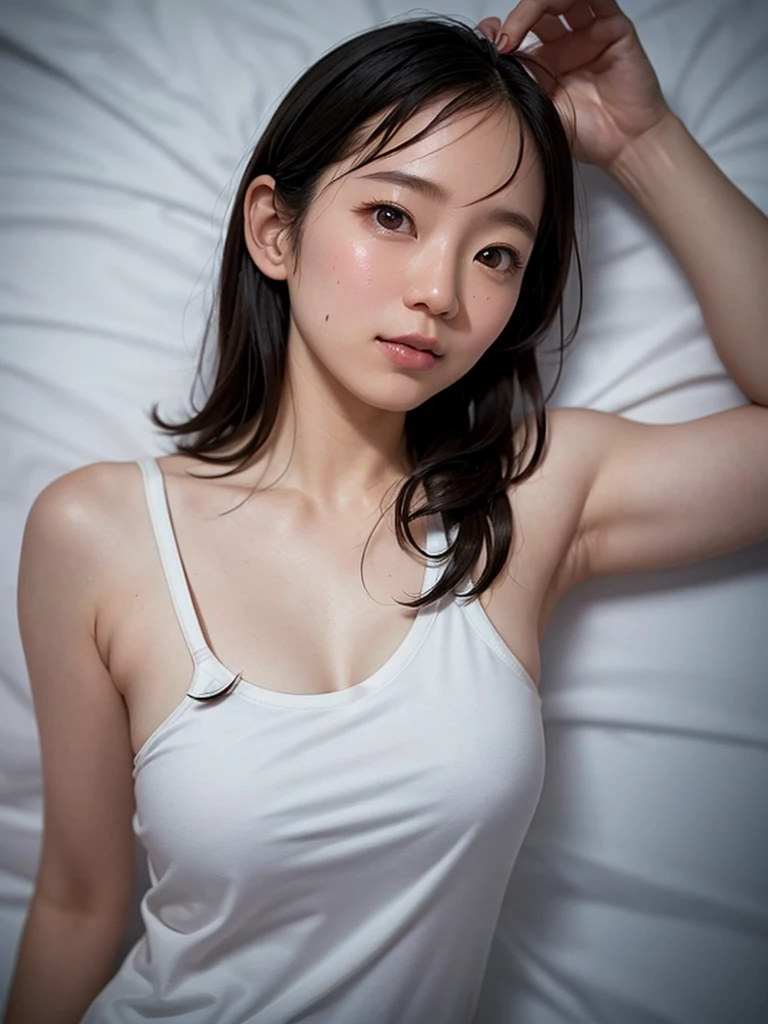 (Highest quality), (masterpiece), highly detailed, A young Riho Yoshioka, wearing a Japanese elementary , is lying on her back on a bed with her knees raised to chest height, legs wide open, and her vagina, with a penis inserted into it, facing the viewer., body, whole body, Eyes that are evenly shaped, Big eyes, Droopy eyes, A dreamy look, Seductive pose, Sweating profusely, Short Hair, Almost flat breasts, she does shy smile, she is blushing, She has a full head of pubic hair, Beautiful Vagina, I am having sex with her, get creampied, She is gasping with her mouth open, A simple background with just a sheet,
