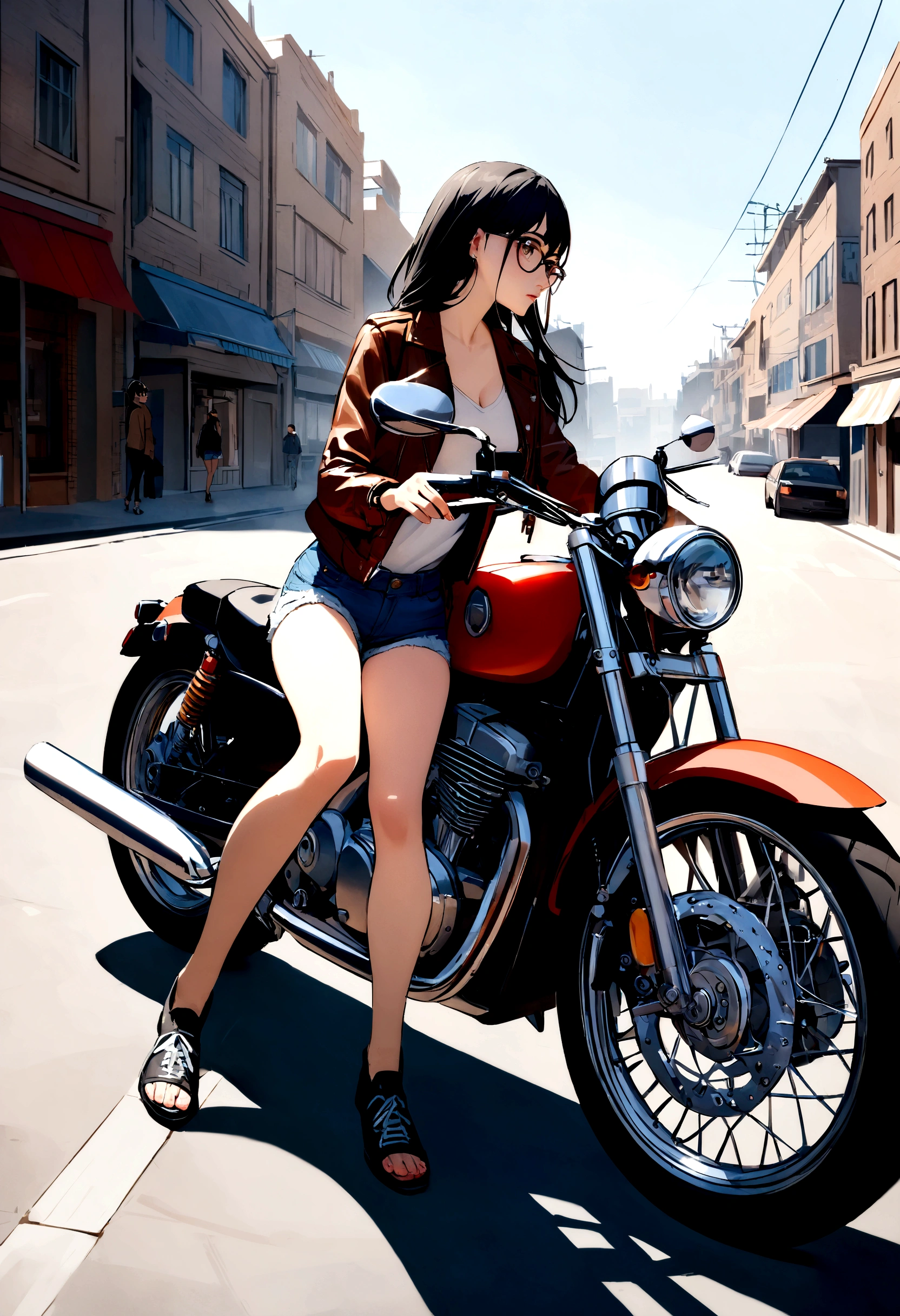 Make me a picture with a girl with long blue and black hair, Brown eyes, and jacket taken with glasses r bottoms, he has jean shorts, near a motorcycle