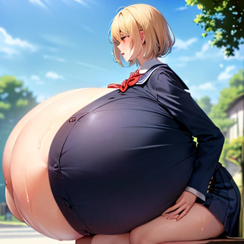 (8K, masterpiece, expensive, Ultra-fine illustrations, 空whiteの背景:1.5), Perfect Anatomy, Single Shot, (1 person), (whole body, From the side:2), (blond colored, short hair), (white, school uniform, Top heavy, bursting breasts, Huge breasts:1.5), Charm, Sweat seeps