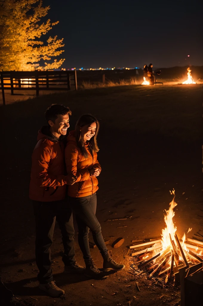 1 bonfire on the site, two more happy people. dark evening