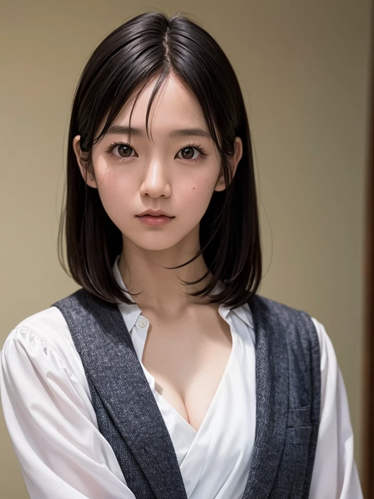 (Highest quality), (masterpiece), highly detailed, A young, half-naked Riho Yoshioka in a 's uniform is lying on her back on a bed with her legs raised to chest height, legs wide open, and her anus protruding towards the viewer., body, whole body, Eyes that are evenly shaped, Big eyes, Droopy eyes, A dreamy look, Provocative pose, Very short hair, Almost flat breasts, Her lower abdomen is bare, she does shy smile, she is blushing, She has a full head of pubic hair, I insert my penis into her vagina and cum inside her, get creampied, Beautiful Vagina, Insert your penis into her vagina from the front, She has her mouth open, A simple background with just a sheet,
