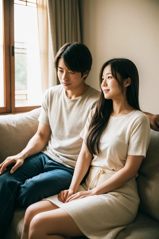A photograph of a Japanese couple in their early twenties, just getting to know each other, sitting on a sofa in soft light. They are watching a movie together.