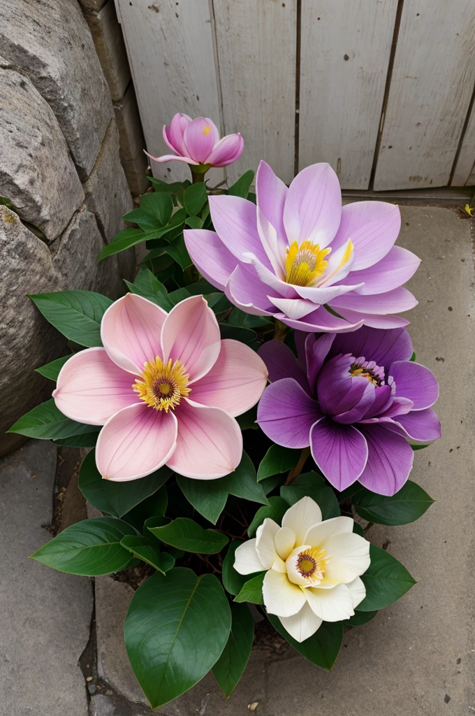 Make a picture of 2 Magnolia , 2 anemone, 1 hydrangea and 1 iris