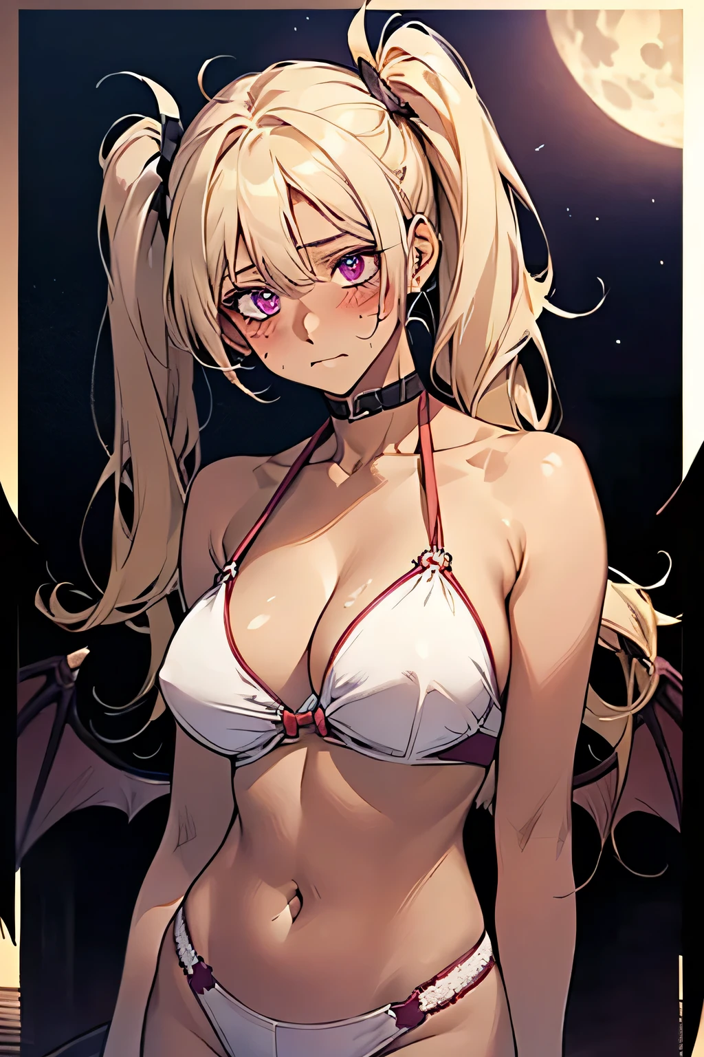 Succubus,Twin tails,((bionde)),((Embarrassing)),((Blush 1.5))Purple eyes,Large Breasts,((Brown Skin:1.5)),Purple Devil Wings. Las Vegas night view in the background,night.