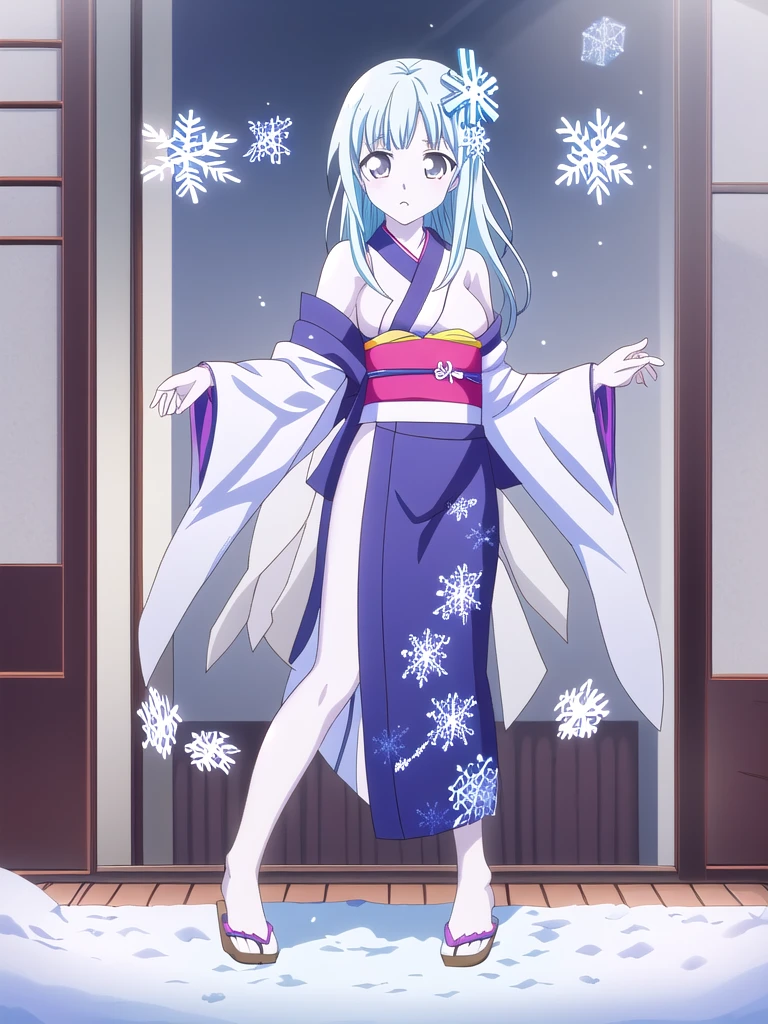 Standing portrait, full body, anime style, anime CG style, gal game CG style, pale skin, single woman, woman around 40 years old, adult woman, mature woman, pastel blue hair, long hair, standard bust, normal bust, medium bust, snowflake hair ornament, snowflake accessories, snow patterned kimono, women's geta, bare feet, {{nsfw}}, masterpiece, high resolution, high quality, plain transparent background,