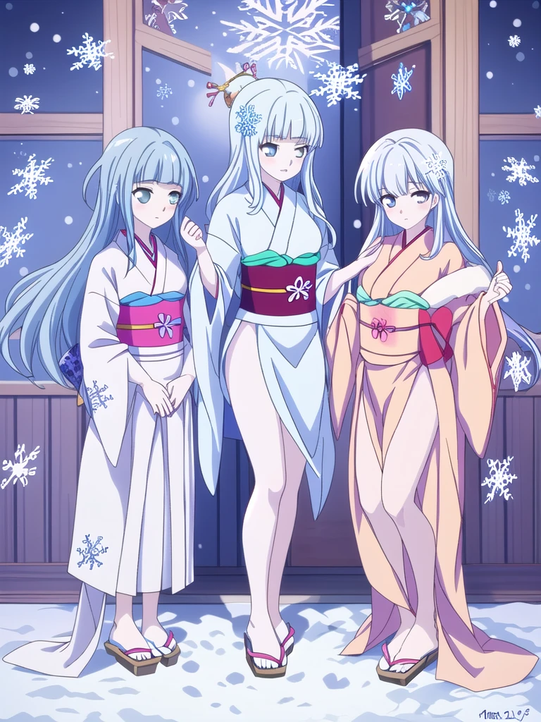 Standing portrait, full body, anime style, anime CG style, gal game CG style, pale skin, single woman, woman around 40 years old, adult woman, mature woman, pastel blue hair, long hair, standard bust, normal bust, medium bust, snowflake hair ornament, snowflake accessories, snow patterned kimono, women's geta, bare feet, {{nsfw}}, masterpiece, high resolution, high quality, plain transparent background,