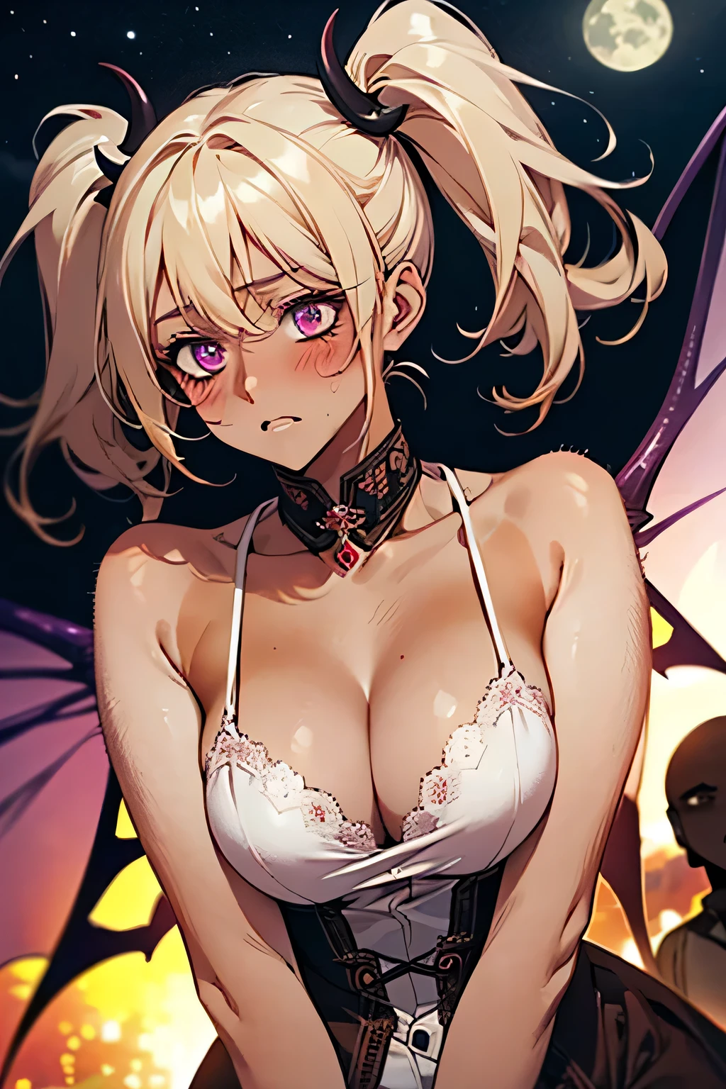 Succubus,Twin tails,((bionde)),((Embarrassing)),((Blush 1.5))Purple eyes,Large Breasts,((Brown Skin:1.5)),Purple Devil Wings. Las Vegas night view in the background,night.