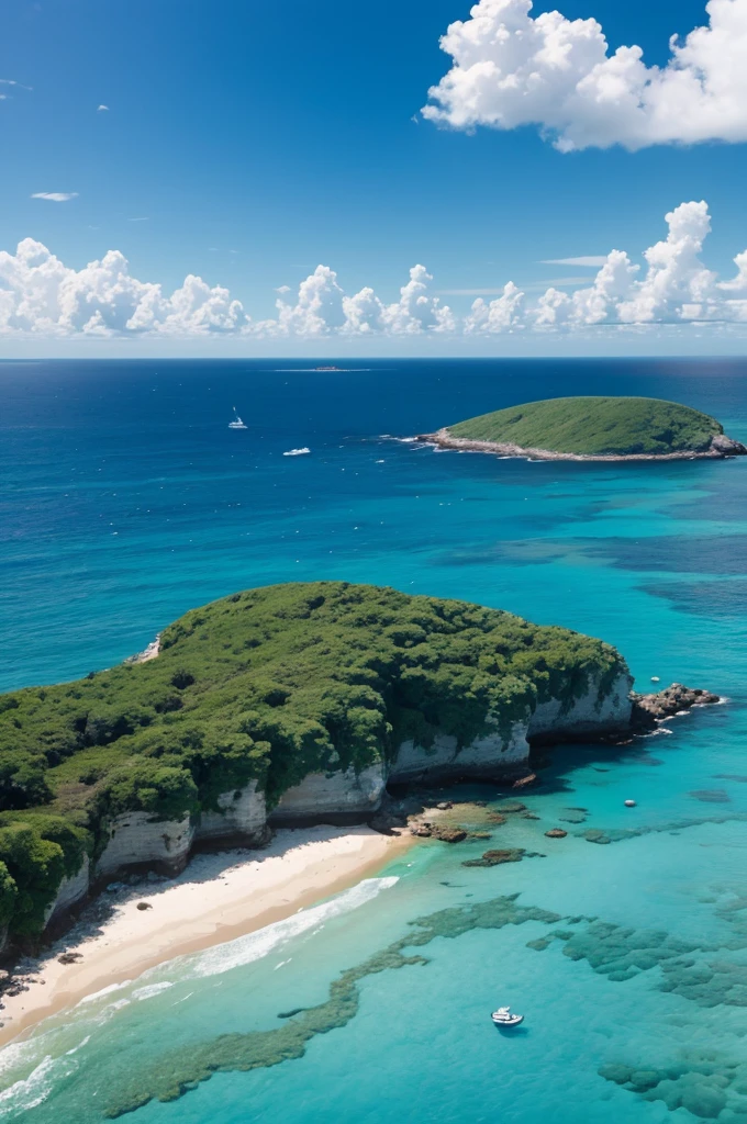 Photo of beautiful cobalt blue sea and sky blue sky. The sea is clear and the waves are calm. The sky is sunny with only a few clouds. A small reef covered in green can be seen in the distance to the right. Three deer can be seen running from the left to the center. A relaxing atmosphere. The images are high resolution and taken with a wide-angle lens. Photographed with EOS-1D X Mark III.