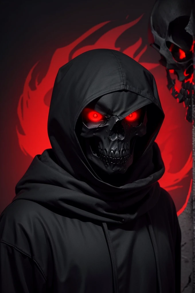 Black skull with black hood covering its head with red eyes giving cool