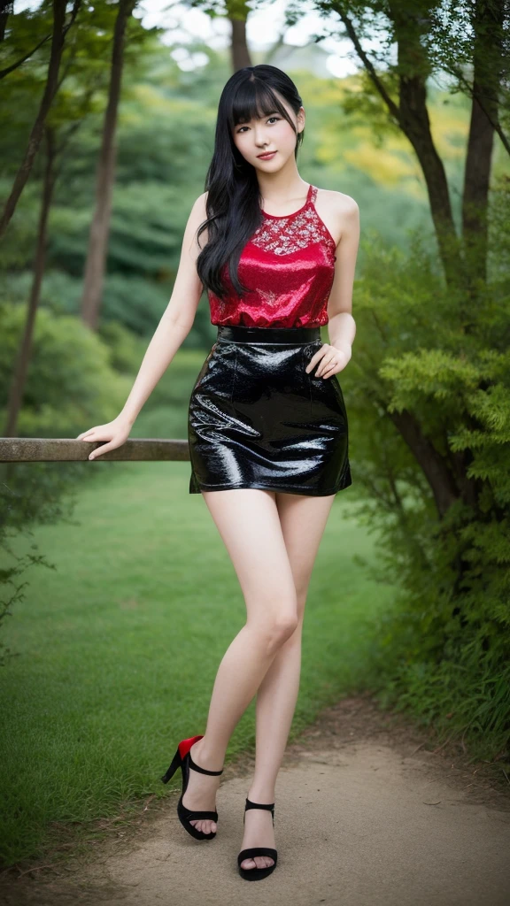 beautiful 20 year old Japanese girl with black hair, short red dress, full body shot,ltaken with Sony Alpha a9 II and Sony FE 200-600mm f/5.6-6.3 G OSS lens, natural light, hyper-realistic photo, ultra detailed, wide shot.