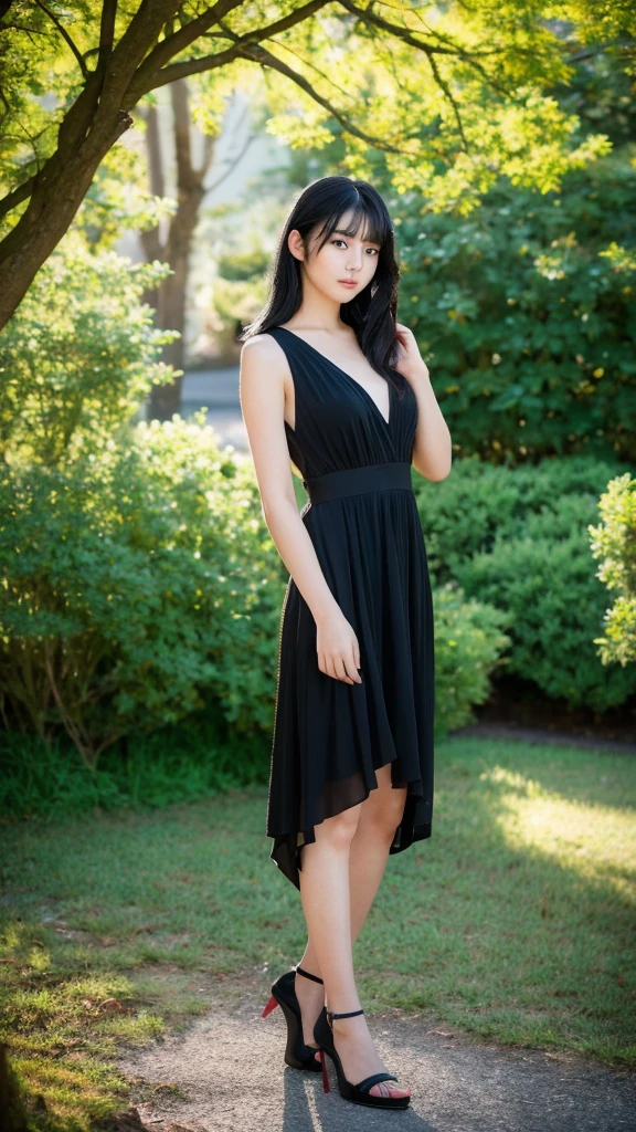 beautiful 20 year old Japanese girl with black hair, short red dress, full body shot,ltaken with Sony Alpha a9 II and Sony FE 200-600mm f/5.6-6.3 G OSS lens, natural light, hyper-realistic photo, ultra detailed, wide shot.