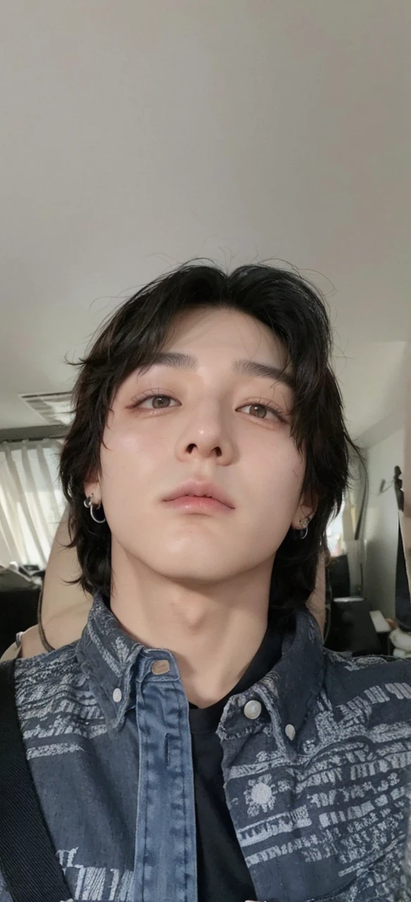 jeon jungkook bts, tired look, snake tattoo on his neck, piercing in the right corner of his mouth and two piercings in both eyebrows 