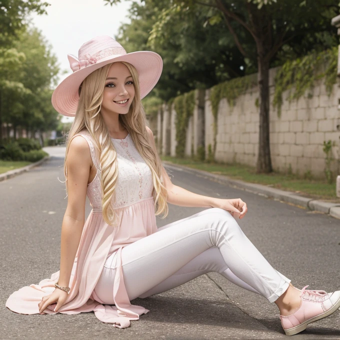 ((Masterpiece)), ((highly detailed)), a , solo, happy face, light pink dress, white stretch pants, west,  pink wizard hat, blonde hair, brown shoes, beautiful blonde girl, long hair, 