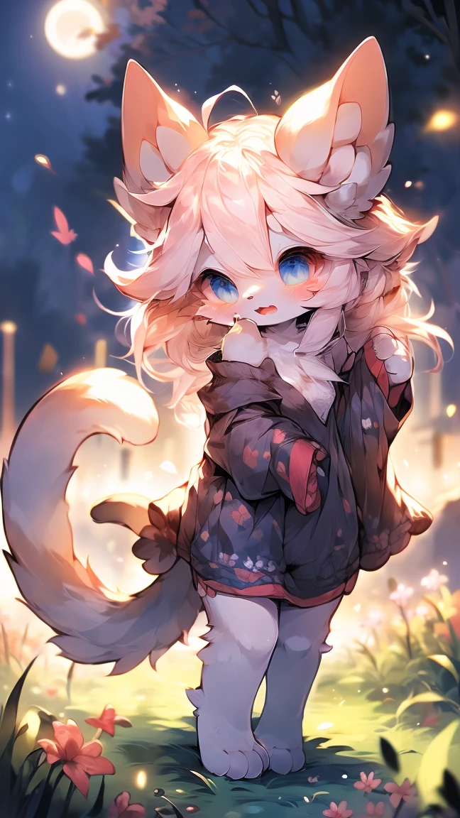  Extremely detailed, beautiful, Fair, masterpiece, best quality, Calming color palette, Peace of mind,White，White绒毛，Fluffy white ears and tail，Lay flat， blush，HD Wallpapers，16k resolution, Deep blue eyes，Like the eyes of the galaxy，hairy尾巴，粉色Cat耳朵，Plush body，paw,hairy,浑身hairy，Long legs，blush，Open your mouth，Loose clothing，Off-shoulder，White毛发，grassland，moonlight，Cat