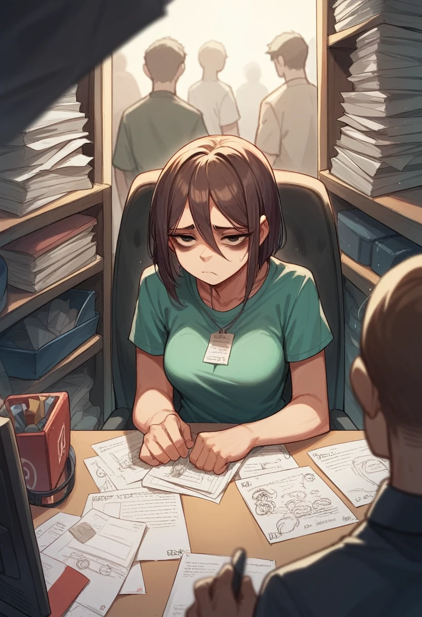 a woman, clearly looking tired, with dark circles under her eyes, in a crowded work environment with several cubicles, with lots of papers in the background looking at the computer, clearly unhappy
