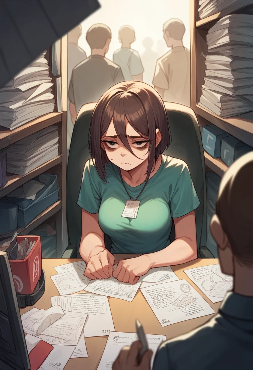 a woman, clearly looking tired, with dark circles under her eyes, in a crowded work environment with several cubicles, with lots of papers in the background looking at the computer, clearly unhappy