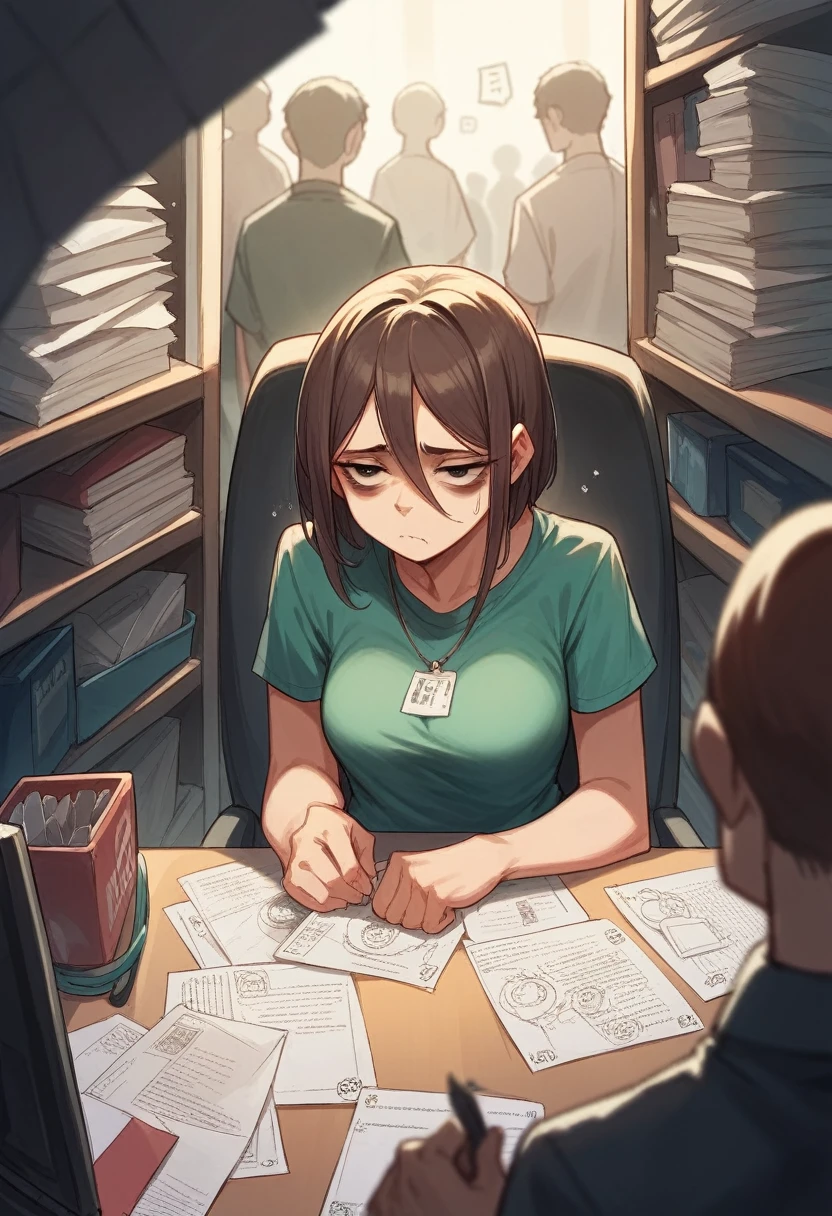 a woman, clearly looking tired, with dark circles under her eyes, in a crowded work environment with several cubicles, with lots of papers in the background looking at the computer, clearly unhappy