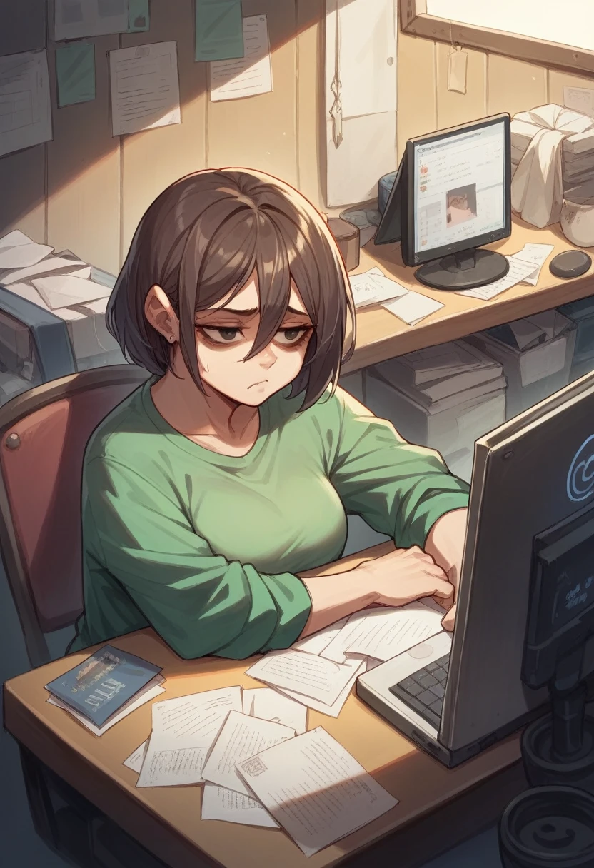 a woman, clearly looking tired, with dark circles under her eyes, in a crowded work environment with several cubicles, with lots of papers in the background looking at the computer, clearly unhappy