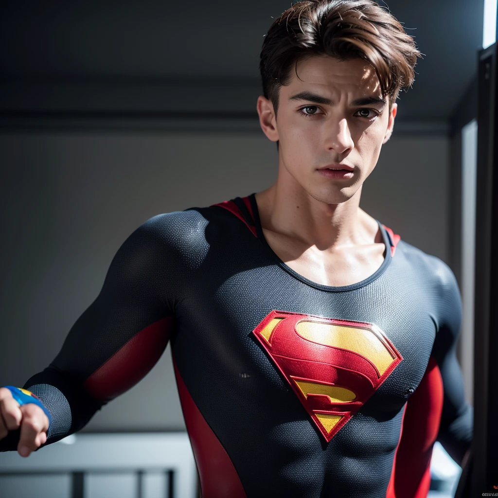 Kai Havertz as Super man in DC style, Nolan movie style, detailed suit, Germany flag stamped on the super man chest, muscular body, piercing eyes, chiseled jawline, heroic pose, dramatic lighting, cinematic composition, rich color palette, gritty realism, ultra-detailed, (best quality,4k,8k,highres,masterpiece:1.2),ultra-detailed,(realistic,photorealistic,photo-realistic:1.37)