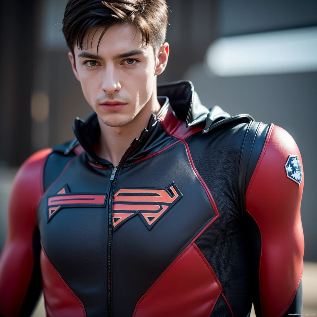 Kai Havertz as Super man in DC style, Nolan movie style, detailed suit, Germany flag stamped on the super man chest, muscular body, piercing eyes, chiseled jawline, heroic pose, dramatic lighting, cinematic composition, rich color palette, gritty realism, ultra-detailed, (best quality,4k,8k,highres,masterpiece:1.2),ultra-detailed,(realistic,photorealistic,photo-realistic:1.37)