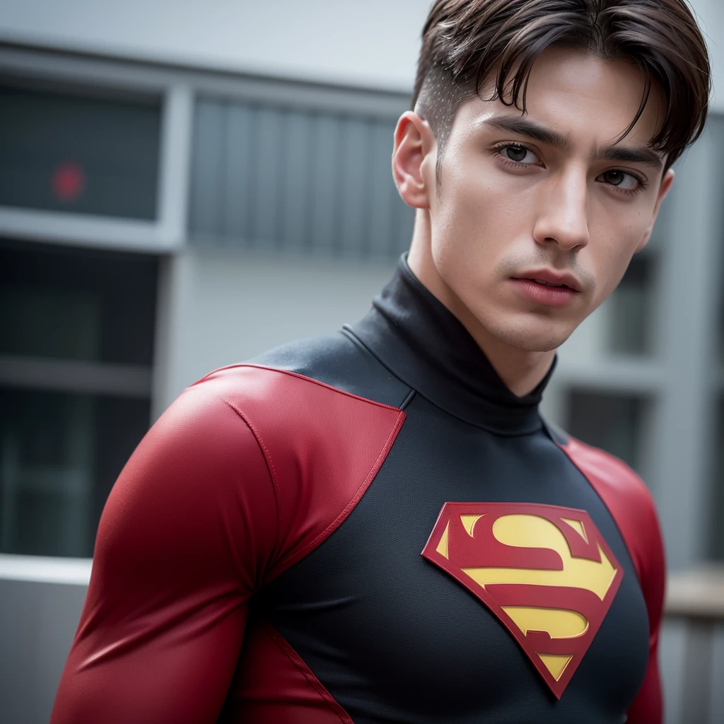 Kai Havertz as Super man in DC style, Nolan movie style, detailed suit, Germany flag stamped on the super man chest, muscular body, piercing eyes, chiseled jawline, heroic pose, dramatic lighting, cinematic composition, rich color palette, gritty realism, ultra-detailed, (best quality,4k,8k,highres,masterpiece:1.2),ultra-detailed,(realistic,photorealistic,photo-realistic:1.37)