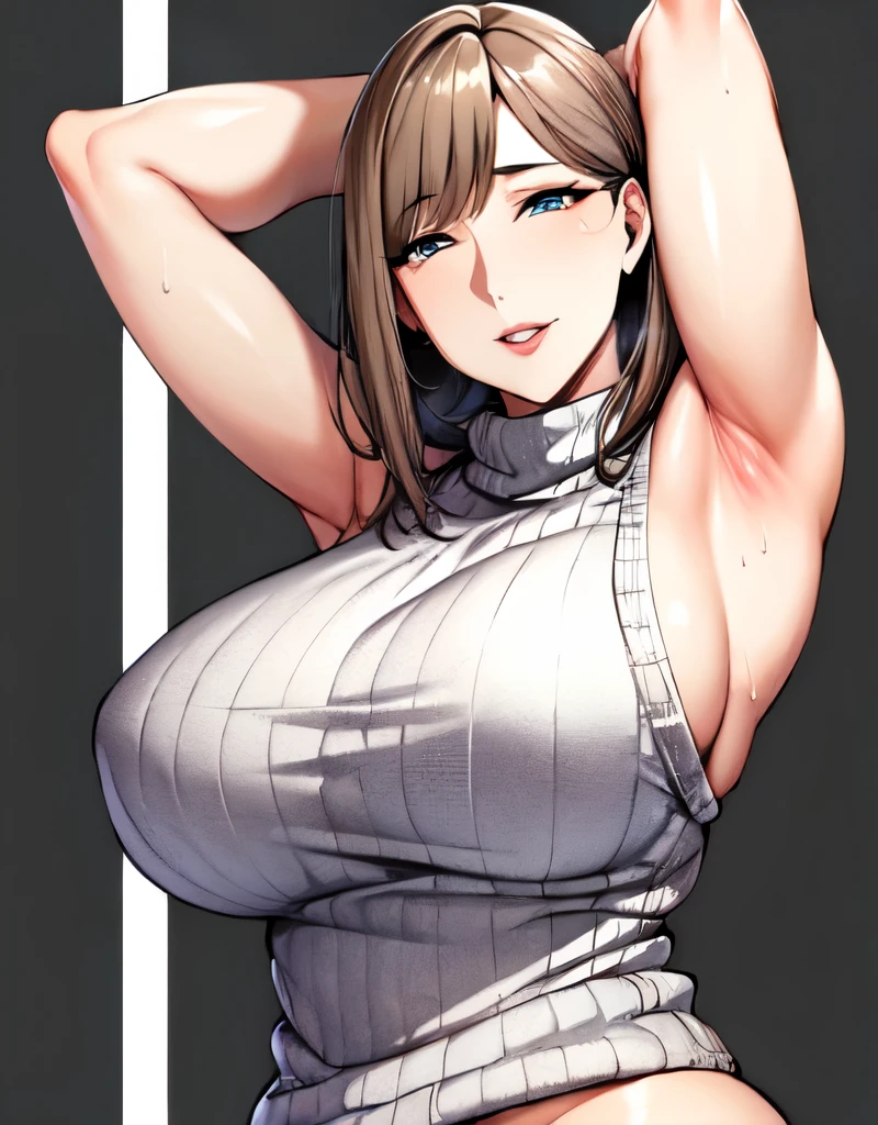 mature female,(large breasts:1.5),(shiny hair),((solo)),((masterpiece)),((best quality)),perfect anatomy,slim waist,perfect image,8k UHD,(beautiful detailed eyes:1.5),extremely detailed face,standing,(upper body:1.3),(look at the front:1.5),arms behindback,ultra-detailed,absurdres,highres,(light brown hair:1.5),((blunt bangs)),erotic lips,((sensitive smile)),sexy mature women,40 years-old,long hair,(blue ribbed sweater),sleeveless,mini skirt, showing armpits,sweat armpits