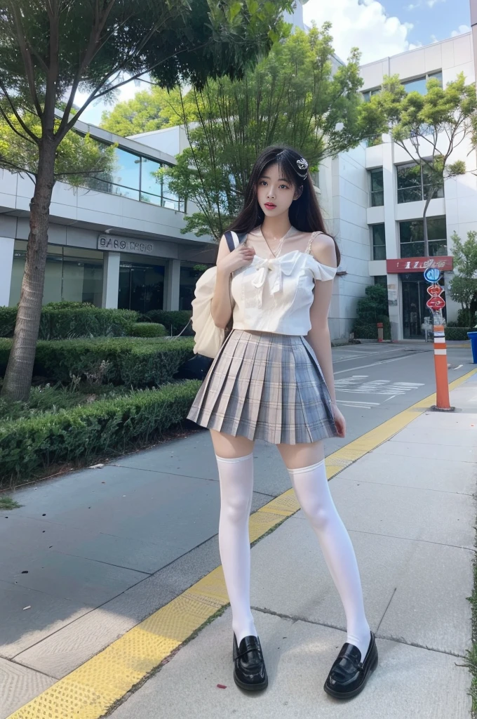 white thighhighs,loafers,black footwear,brown footwear,,mary janes,pleated skirt,plaid skirt,serafuku, ((Large Breasts)), ((D cup)), Visible cleavage，Show one shoulder, Highly detailed face and skin texture，Double eyelids，Skin Whitening，Long hair，Whitening long legs，Standing by the sea, Fashion Girl, Red lips, Sweet Girl, Beautiful makeup, detail, lifelike, Very detailed, Astonishing, beautiful, Young and energetic, high quality，HD, Colorful， Beautifully, Smooth skin, The skirt is very short, Official Art, Extremely detailed, Movie atmosphere, Soft colors, Natural skin texture, Random scene, random shooting Angle