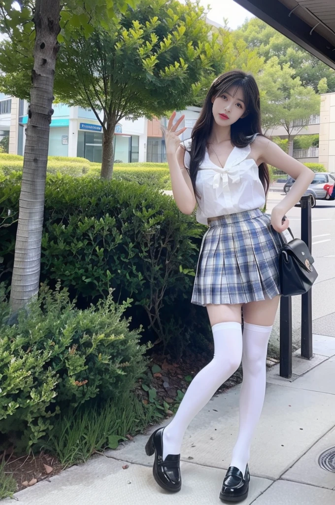 white thighhighs,loafers,black footwear,brown footwear,,mary janes,pleated skirt,plaid skirt,serafuku, ((Large Breasts)), ((D cup)), Visible cleavage,Show one shoulder, Highly detailed face and skin texture,Double eyelids,Skin Whitening,Long hair,Whitening long legs,Standing by the sea, Fashion Girl, Red lips, Sweet Girl, Beautiful makeup, detail, lifelike, Very detailed, Astonishing, beautiful, Young and energetic, high quality,HD, Colorful, Beautifully, Smooth skin, The skirt is very short, Official Art, Extremely detailed, Movie atmosphere, Soft colors, Natural skin texture, Random scene, random shooting Angle