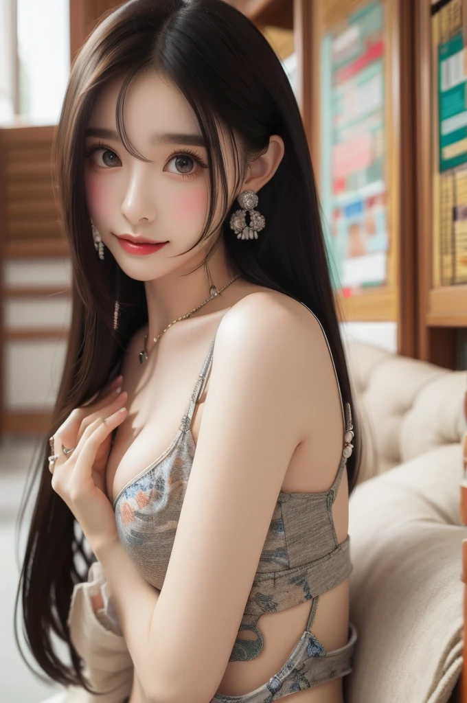 Sagging breasts, Earrings, necklace, ring, watch, Heavy makeup, Focus on bras, front, Neat, shame, Small butt, Bra with detailed embroidery, Crisp, high-resolution, realistic bra, Highest quality, Ultra-high resolution, (Realistic:1.4), One girl, (Small breasts), smile, Bare shoulders, Focus Only, View your viewers,Fair skin,locker room,Changing clothes,Photon Mapping, Physically Based Rendering, RAW Photos, Highly detailed background,K-Pop Idols,Depth of written boundary,Detailed face,Shiny, whole body, Thin legs, Realistic Background