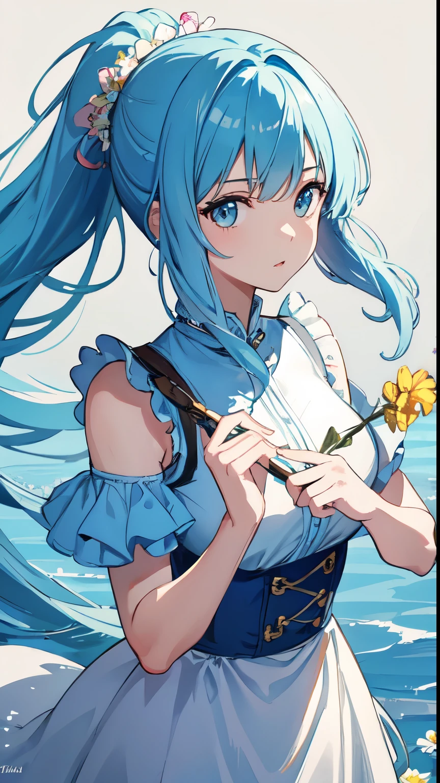 (masterpiece), (Highest quality), (Super detailed),(Disheveled Hair),(figure), (One girl), (Fashionable clothes), Are standing, Fashion Model, View your viewers, (interview), (Simple Background),Beautiful attention to detail, Delicate and beautiful face, floating,(High saturation),(Colorful splashes),Colorful Bubbles,(The Shining), Focus on the face, ponytail, kamisato ayaka, Light blue hair, bangs, Hair Ring, Floating Flowers, Floating hair, (The Shining), Best lighting, Best Shadow,