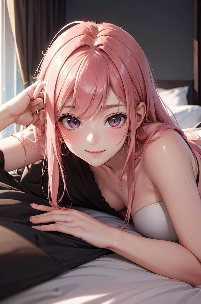 (Best Quality,High resolution,8K,finelity detailed background,Masterpiece:1.2),beautiful girl,Shiny pink hair,messy hair,Pink eyes,Gentle look,A refreshing look,Best quality,Best Quality,Aesthetic and aesthetic:1.2,Best details((Super detailed))(High-definition CG illustrations),Glamorous black underwear (black,intricate lace),Slender body,night,Moonlight,Bedroom,On the bed,smile,blush,cute,Scrounge,Looking up,Being spoiled,Smiling Kindly,super model,wariza,shoot from below