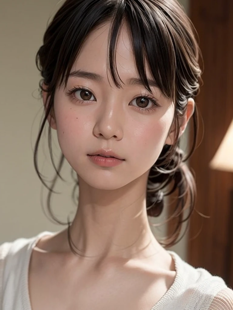 (Highest quality), (masterpiece), highly detailed, A young, half-naked Riho Yoshioka in a child's uniform is lying on her back on a bed with her legs raised to chest height, legs wide open, and her anus protruding towards the viewer., body, whole body, Eyes that are evenly shaped, Big eyes, Droopy eyes, A dreamy look, Provocative pose, Very short hair, Almost flat breasts, Her lower abdomen is bare, she does shy smile, she is blushing, She has a full head of pubic hair, I insert my penis into her vagina and cum inside her, get creampied, Beautiful Vagina, Insert your penis into her vagina from the front, She has her mouth open, A simple background with just a sheet,