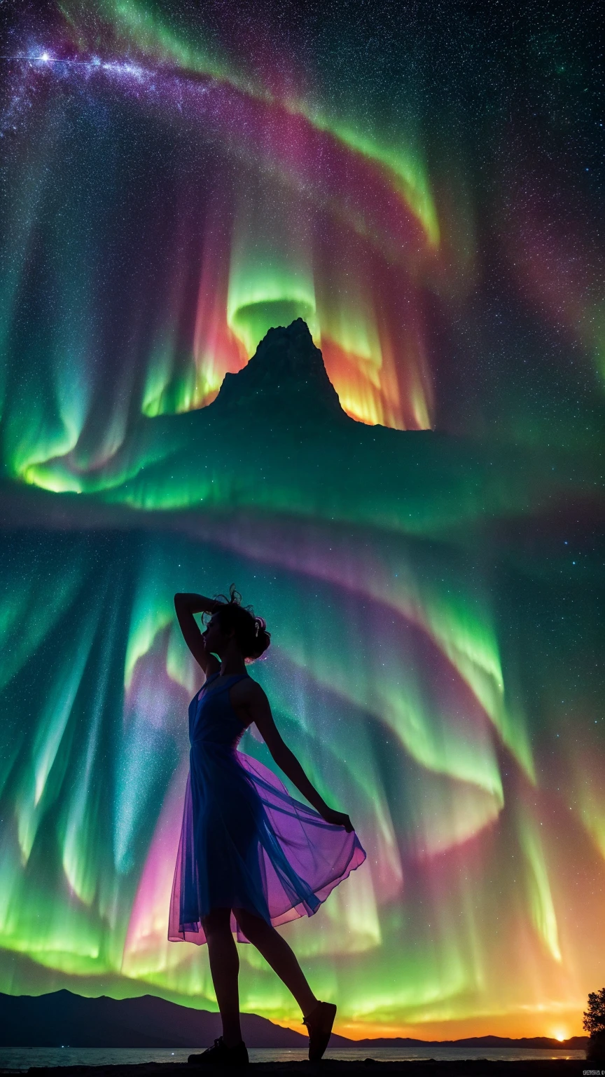 RAW Photos:1.2, masterpiece, Highest quality, 16K, Unbelievably absurd, Very detailed, Perfect beauty, (Double exposure vibrant color silhouette:1.3), (Brightly colored overlapping silhouettes:1.2), (Water world photo landscape), Diamond dust, Starry sky with aurora, Flowing, A sheer dress, 長くFlowing髪, (lake:1.2), (Realistic photo scenery), (Starlight), (Dancing Girl), Portraiture