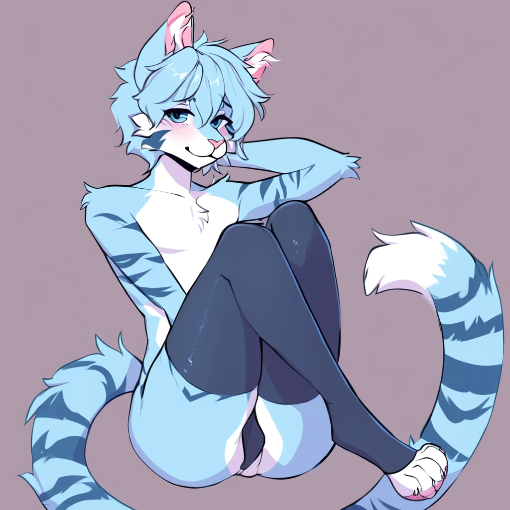 adult, feline, mammal, anthro, anthropomorphic, cat, striped, fur, furred_anthro, femboy, male, light_blue, pink_ears, ear_tufts, purple, paws, hair_tuft, hair_between_eyes, long_tail, fluffy, gentle_expression, expressive_eyes, slightly_smiling light_blue_hair, light looking_at_viewer, blue_fur, shy, small_pupils, spotted_pattern, stripes, tiger_stripes, digital_art, high_resolution, high_res, background shy, lying_down, relaxed_pose, one_arm_supporting_head, seductive_face, thigh_high, thigh_high_socks, blue_thigh_high_socks, light_blue_and_white_striped