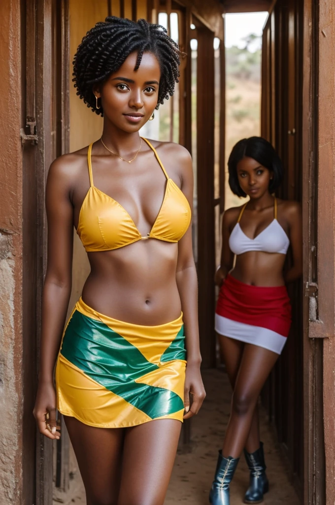 23 year old, Ethiopian Woman, Teacher Bob haircuts, Beautiful face, shiny and sweaty skin, wearing short skirt, wearing bikini top, wearing boots