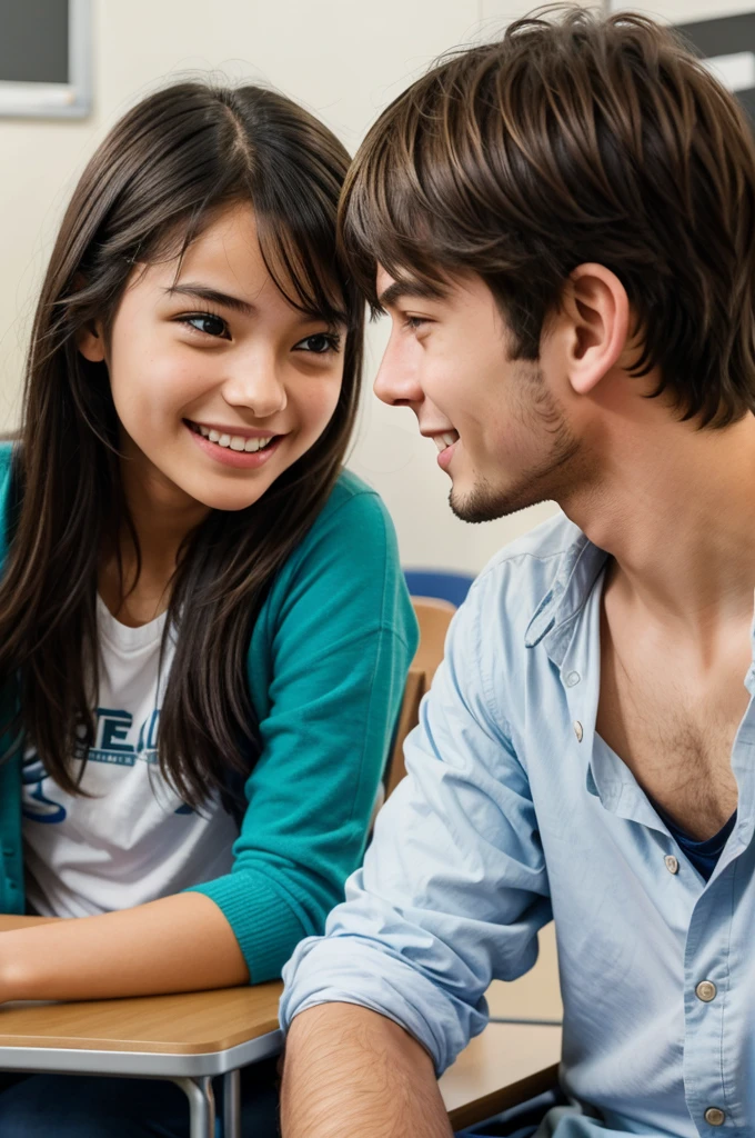 A girl and a boy studying in college are sitting in a class room they have table in between and they are sitting on a chair talking to each other smiling while other people are also their talking to each other, close-up portrait, vibrant color grading, vibrant color grading
