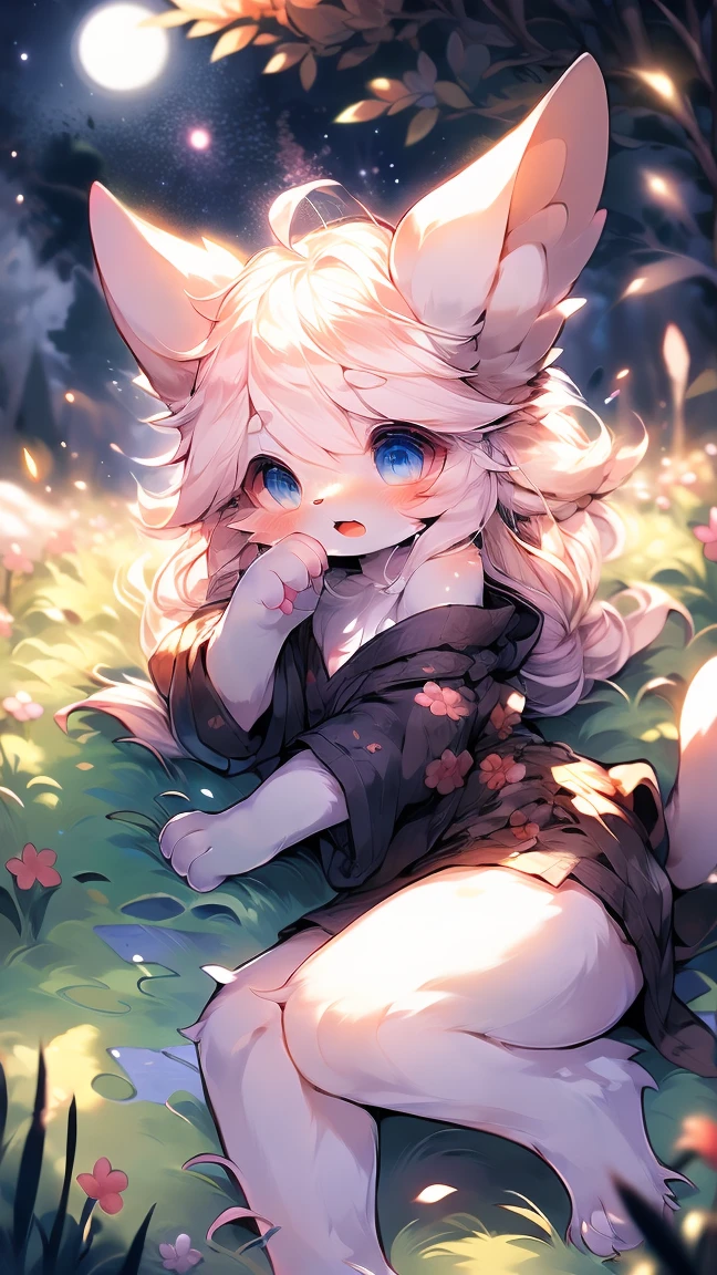 Extremely detailed, beautiful, Fair, masterpiece, best quality, Calming color palette, Peace of mind,White,White绒毛,Fluffy white ears and tail,lying on the grass, blush,HD Wallpapers,16k resolution, Deep blue eyes,Like the eyes of the galaxy,hairy尾巴,粉色Cat耳朵,Plush body,paw,hairy,浑身hairy,Long legs,blush,Open your mouth,Loose clothing,Off-shoulder,White毛发,grassland,moonlight,Cat