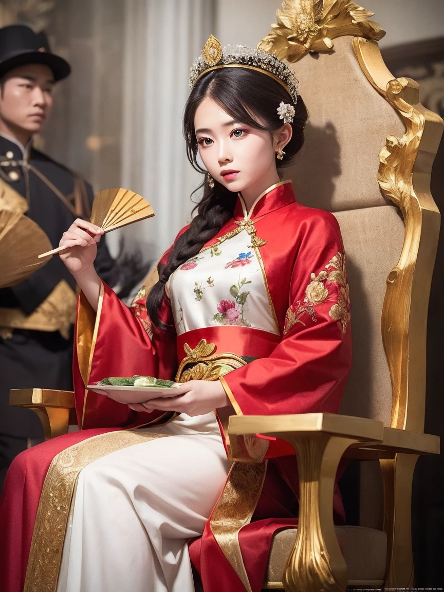 One girl, ((Throne)), (Liangbatou), Gorgeous, gold and silver, silk, gem, Flower and bird painting, Chinese ancient, Royal Family, Three-dimensional, Gorgeous,sitting, wide sleeves, Hand fan, dress, blurry, traditional media, braid, traditional clothes, Cowboy Shot,