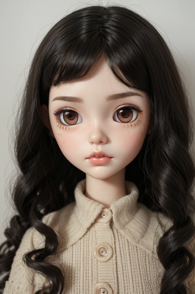 Photo of a Blythe doll without bangs with curly black hair, black eyes and a small mole under the left eye 