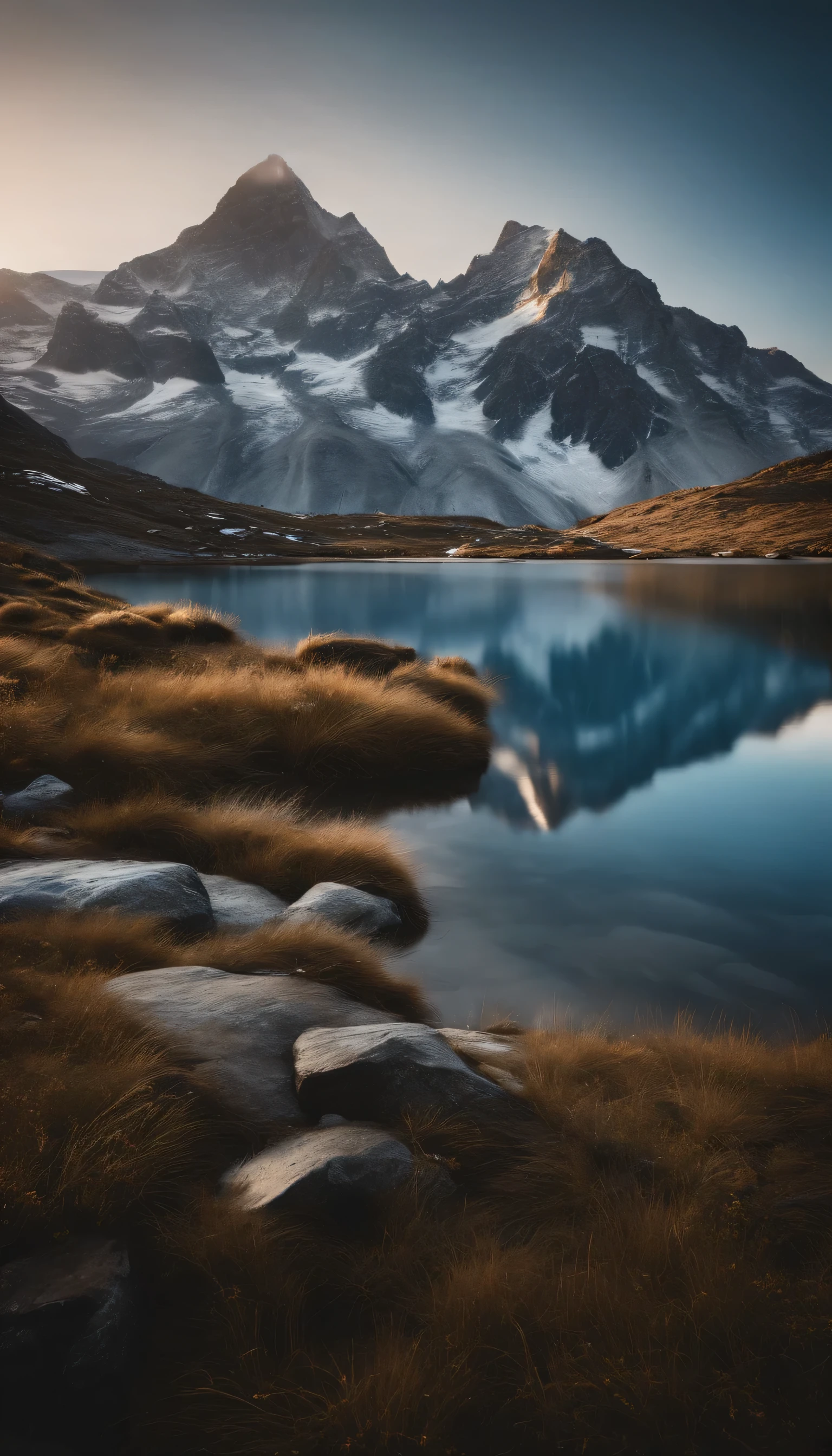 A wide angle National Geographic style landscape photography of towering snow-capped mountains reflecting off a perfectly still crystal blue alpine lake at sunrise. Extremely detailed and photorealistic.